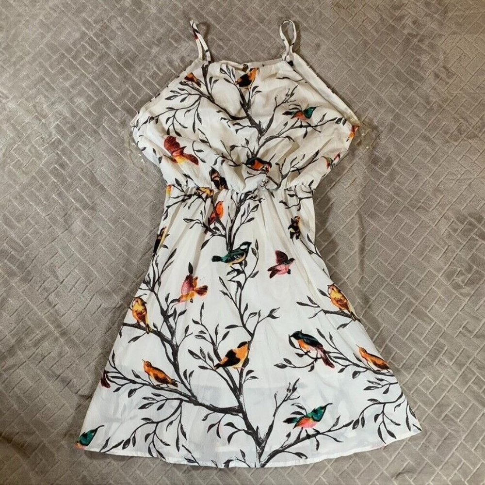 Sophias Womens Small Dress Short Mini White Birds Lined Fit & Flare A Line